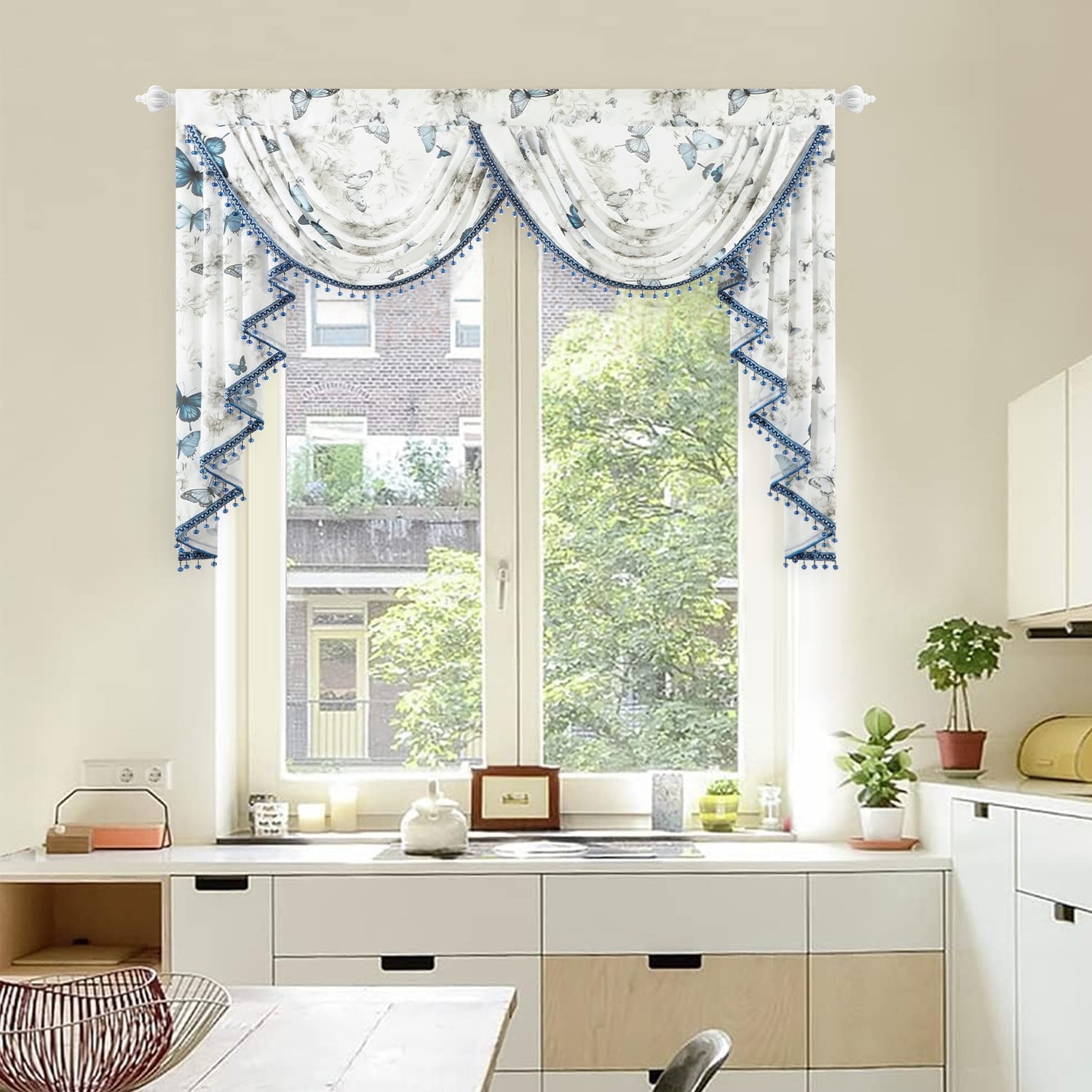VOGOL Sheer Valance Curtains, Butterflies Print Rod Pocket Design Drapes for Kitchen Nursery, 59x43 Inches