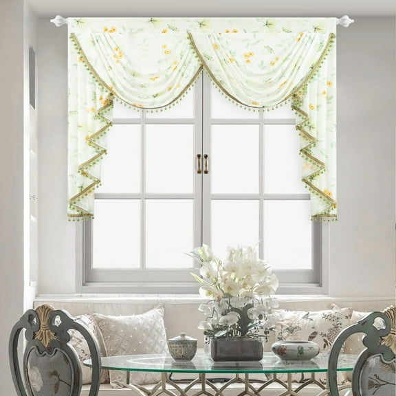 VOGOL Sheer Valance Curtains, Plants Print Waterfall Swag with Bead Tassels 59x43 Inches for Nursery & Bedroom