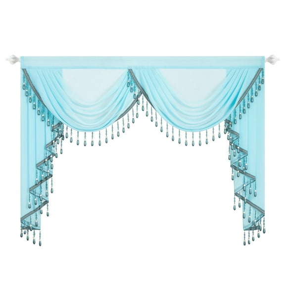 VOGOL Sheer Window Curtains Valance, 1 Panel Retro Style Drapes for Living Room with 2 Swags, Luxury Waterfall Valances for Home Wedding Party, 59 inches Wide, Light Blue