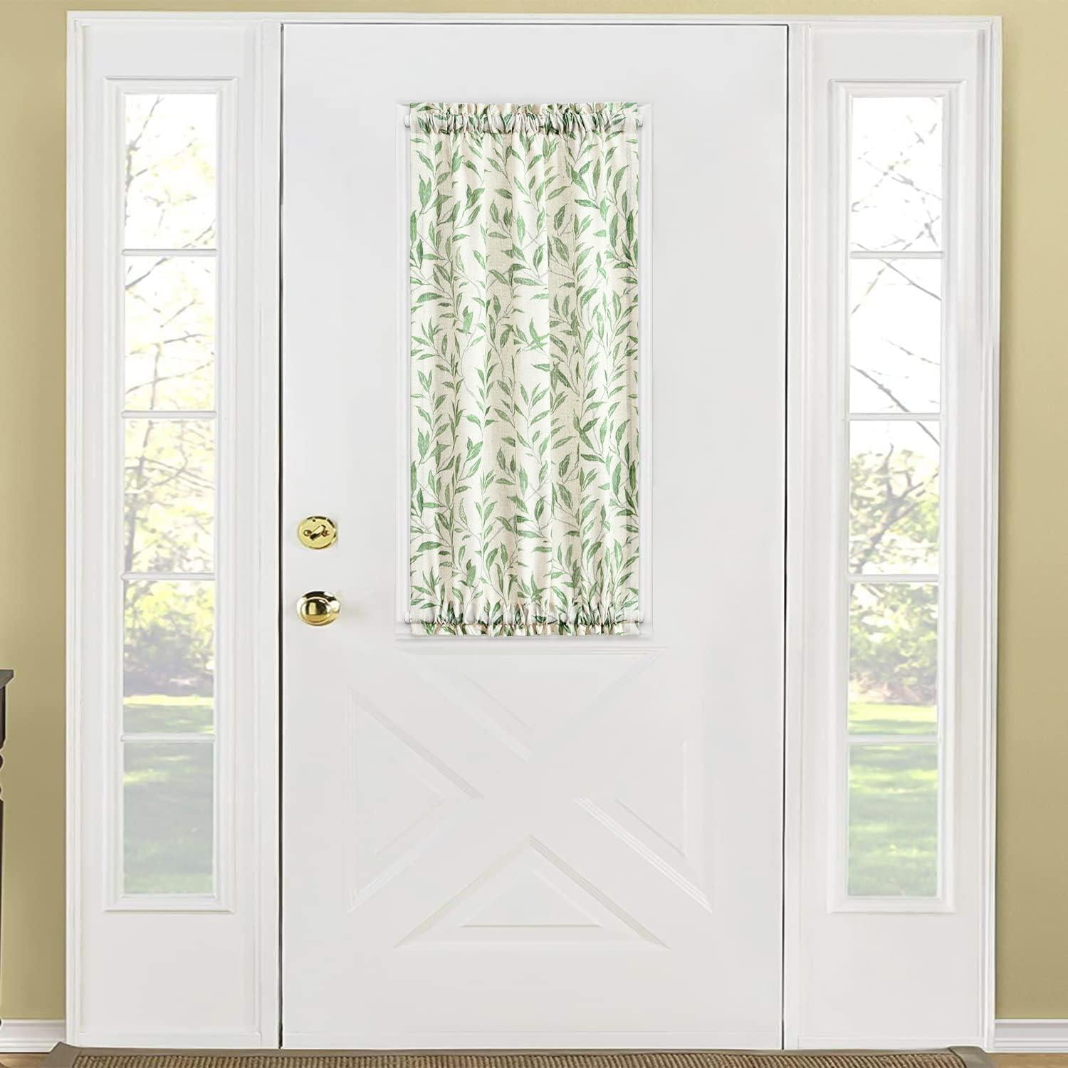 VOGOL Short Sliding Door Curtain, Green Leaves Pattern Linen Textured ...