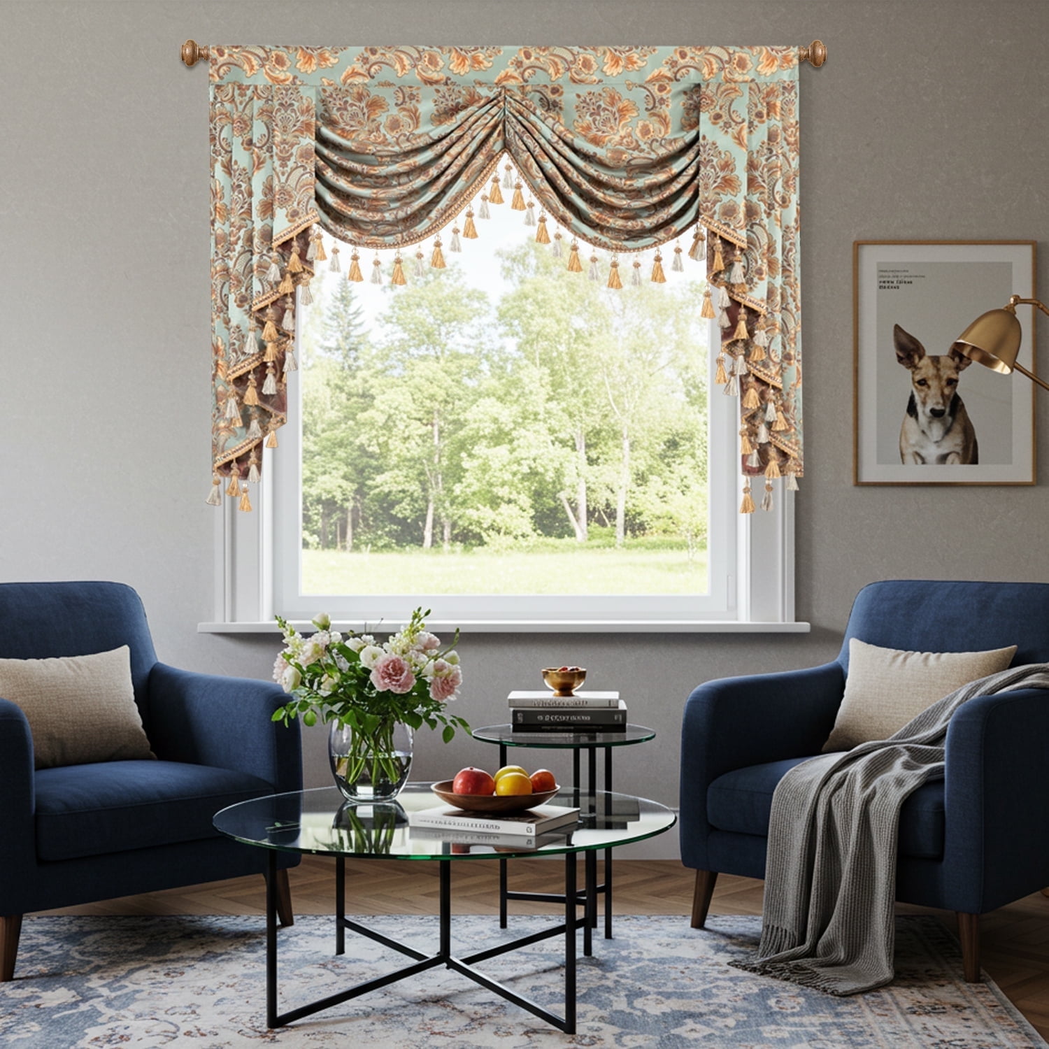 VOGOL Sky Blue Damask Valance, Baroque Swag Curtains with Beaded Trim, 59x43 Inches for Bedroom