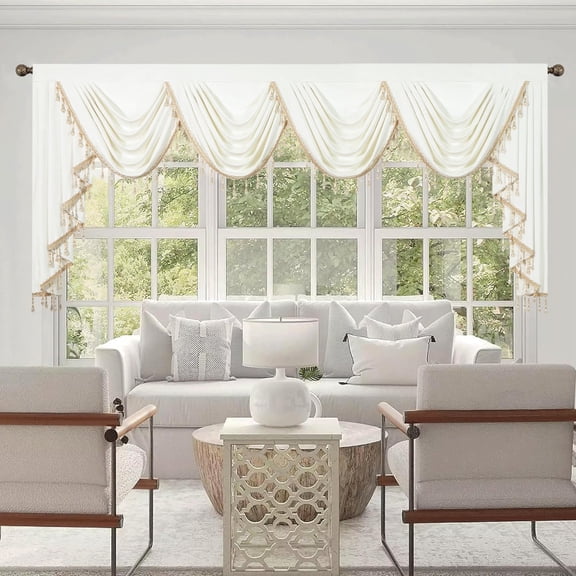 VOGOL Soft Velvet Curtains Valance, Retro European Style Waterfall Valances for Dining Room, White Light Filtering Swag Valance Window Treatment with Tassels, 110 inches Wide, 1 Piece