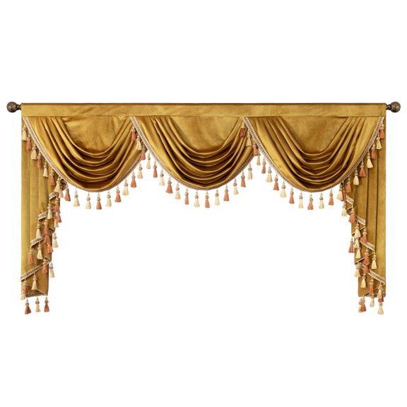 VOGOL Soft Velvet Waterfall Valances for Kitchen Windows, Gold VintageSwag Curtains Valance with Tassels, Rod Pocket Drapes for Bedroom,1 Panel, 79" x 43"