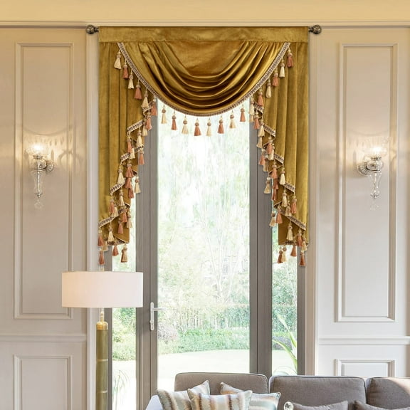 VOGOL Thick Velvet Curtains Valance for Bedroom, Thermal Insulated Luxury Waterfall Valance for Hotel, Rod Pocket Top, W39 inches, 1 Panel, Gold