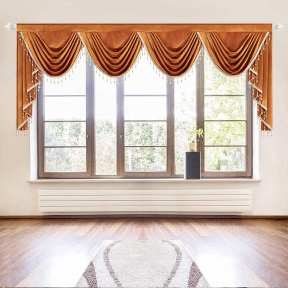 VOGOL Thick Velvet Waterfall Valance 43"x110" - Light Filtering Swag with Beaded Tassels & Rod Pocket for Nursery & Bedroom