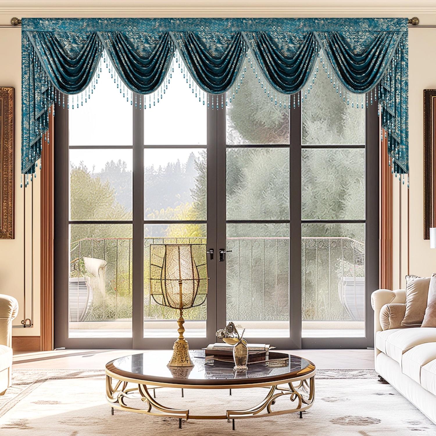 VOGOL Thick Velvet Waterfall Valance, Rod Pocket Swag Curtain with Vintage Tassel, Elegant Line Print Curtain for Living Room Bedroom Décor, 43 x 138 Inches, 1 Piece, Lake Blue