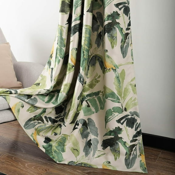 VOGOL Tropical Blackout Bedroom Curtains Set, Green Leave Macaw Printing Pattern Heavy Grommet Curtain Panels for Living Room, 52 x 63