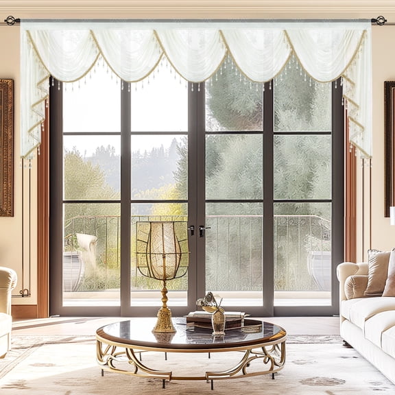 VOGOL Ultra Wide Waterfall Valance for Bay Windows & French Doors - 138x43 Inch Vintage Blooming Floral Jacquard Voile, Sheer Rod Pocket with Beaded Fringe, Farmhouse