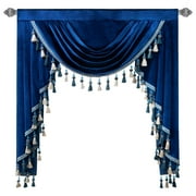 VOGOL Velvet Valance Curtains for Kitchen, 39 inch Wide Single Panel Rod Pocket Decorative Drapes with Tassels for Library Dining Room, Blue