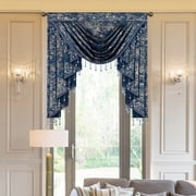 VOGOL Velvet Waterfall Valance for Bedroom, Elegant Tassel Design with Soft Rod Pocket, Textured Printing Curtain, 39x43 Inches, Royal Blue, 1 Panel