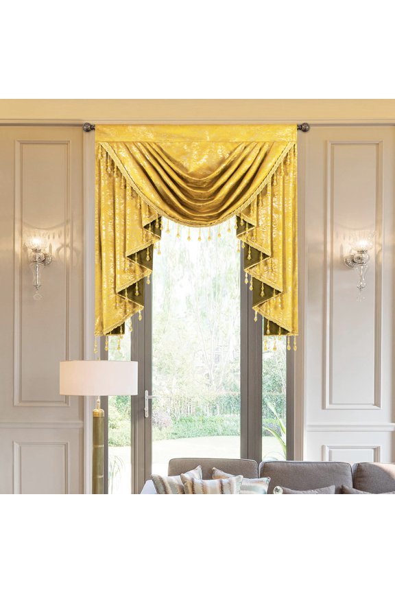Velvet Waterfall Valance for Bedroom, Soft Textured Prin Curtain with Elegant Tassel Design, Rod Pocket, 39x43 Inches, Bright Yellow, 1 Panel