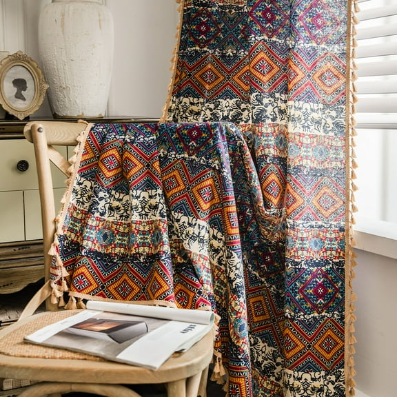 VOGOL Vintage Boho Drapes, Geo Pattern Linen Textured Curtains 59x94 Inches, 1 Panel for Bedroom
