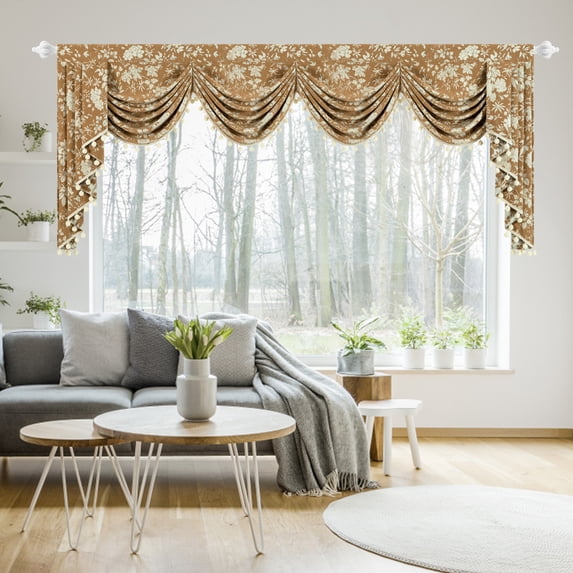 VOGOL Vintage Chenille Window Valance, Brown Botanical Print Waterfall Style, 43" x 110"