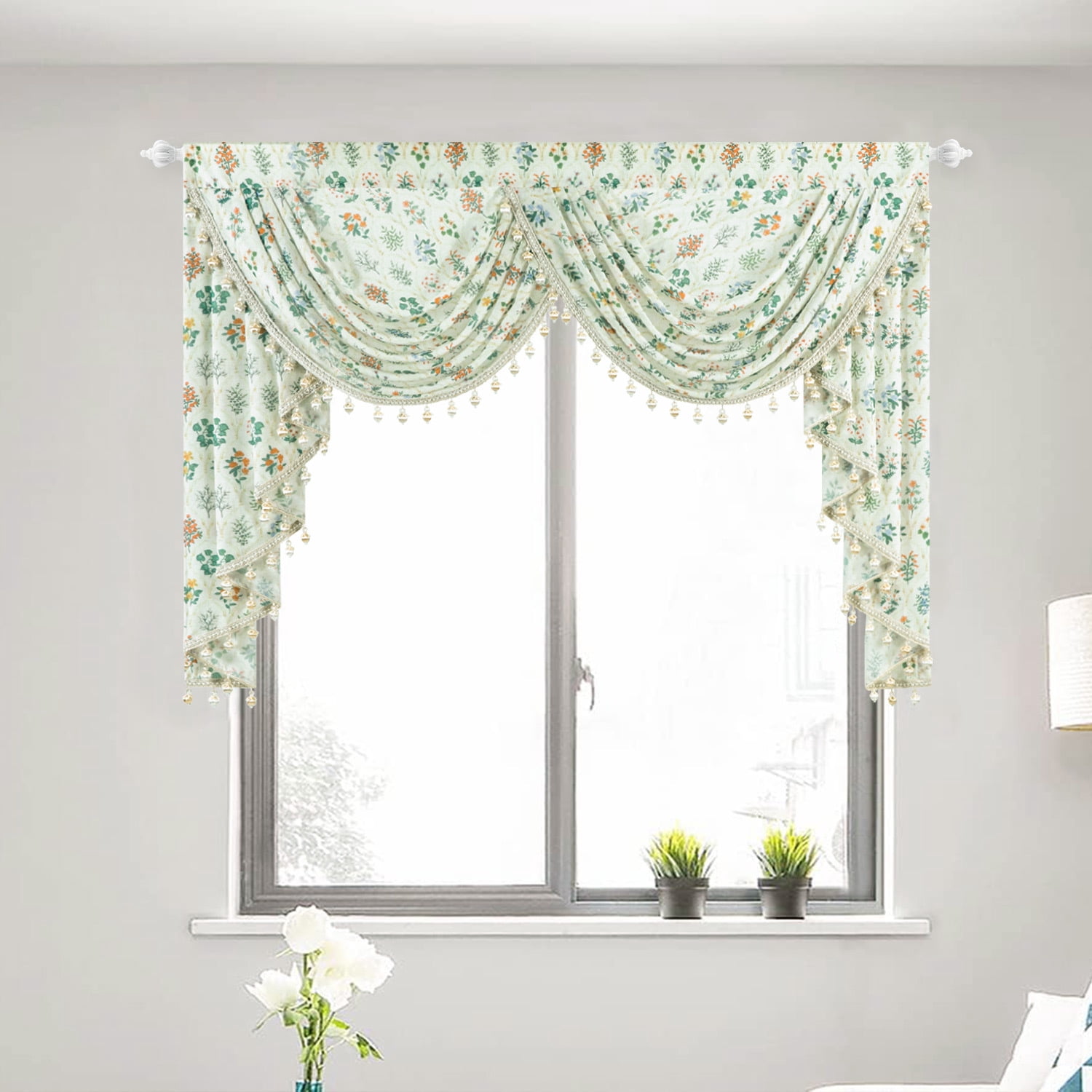 VOGOL Vintage Floral Waterfall Valance 59x43 Inch - Sheer Voile Farmhouse Curtain Topper with Beaded Fringe for Living Room