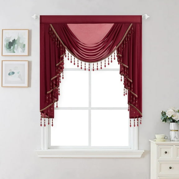 VOGOL Vintage Style Waterfall Valance, 39 inches Wide Soft Touch Sheer Drapes for Living Room, Classical Rod Pocket Silky Swag Valance with Handmade Tassels, Burgundy Red, 1 Panel