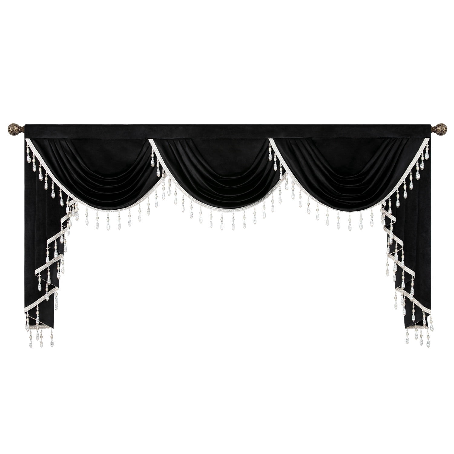 VOGOL Vintage Valances for Bedroom, Soft Velvet Swag Curtains with Tassels for Living Room, Rod Pocket Waterfall Valance for Banquet, Black, 79 inch Wide, 1 Panel