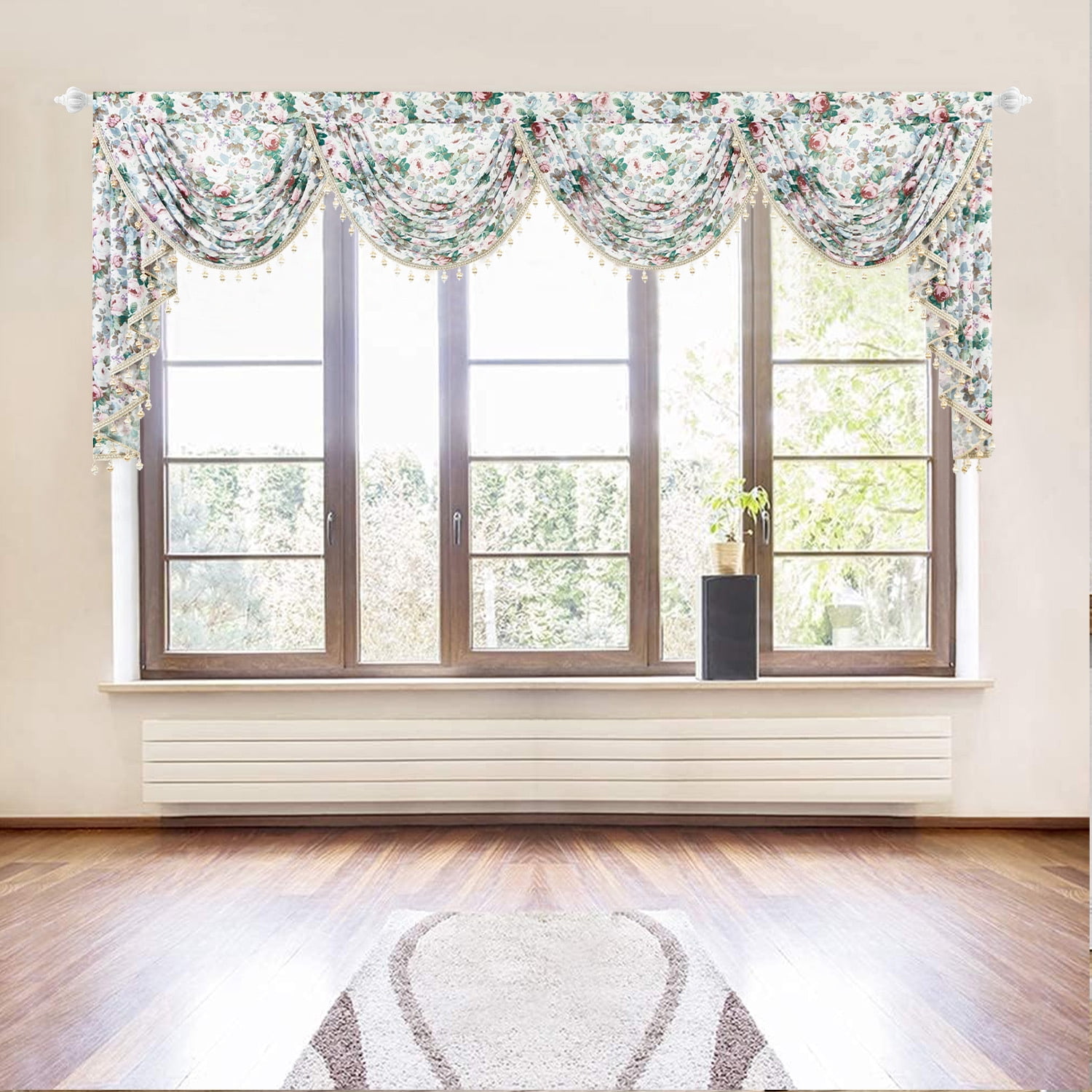 VOGOL Waterfall Valance 110"x43" Ultra Wide Farmhouse Vintage Sheer Voile Swag with White Bead Fringe