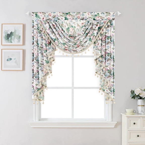 VOGOL Waterfall Valance 39" Wide Farmhouse Vintage Floral Print Sheer Voile with Beaded Tassels, Pink & Blue