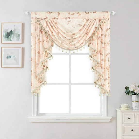 VOGOL Waterfall Valance 39x43 Inch - Sheer Voile, Vintage Pink Roses Print, Beaded Tassels, Farmhouse Style for Bedroom, Living Room, Nursery