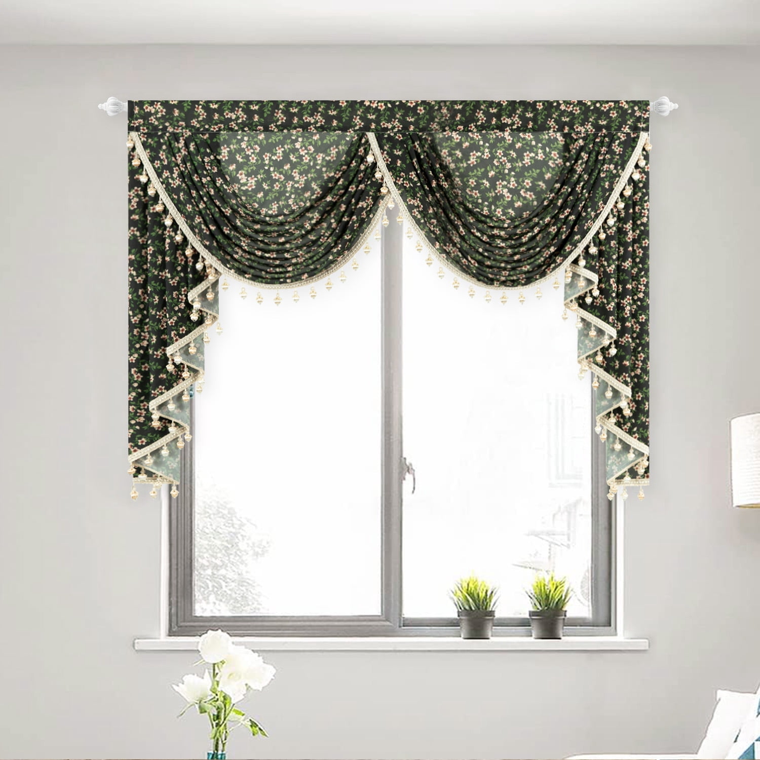 VOGOL Waterfall Valance 59" Wide Pink Cherry Blossoms on Black Sheer Voile, Farmhouse Vintage with Beaded Tassels