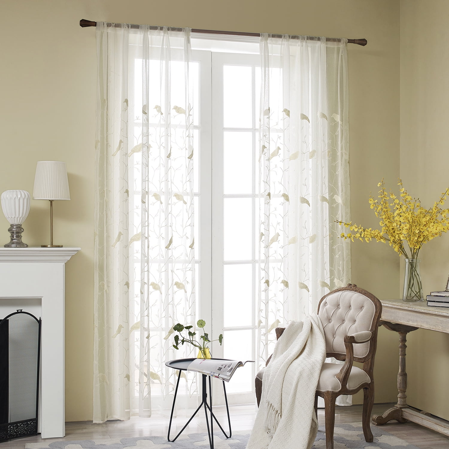 VOGOL White Birds Embroidered Sheer Curtains, Window Curtain Sheer Voile Panels for Living Room Bedroom, 52x84, Set of 2, Rod Pocket