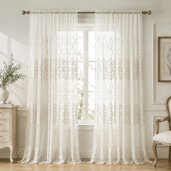 VOGOL White Embroidered Sheer Curtains 63 Inches Long Scalloped Rod Pocket 2 Panels