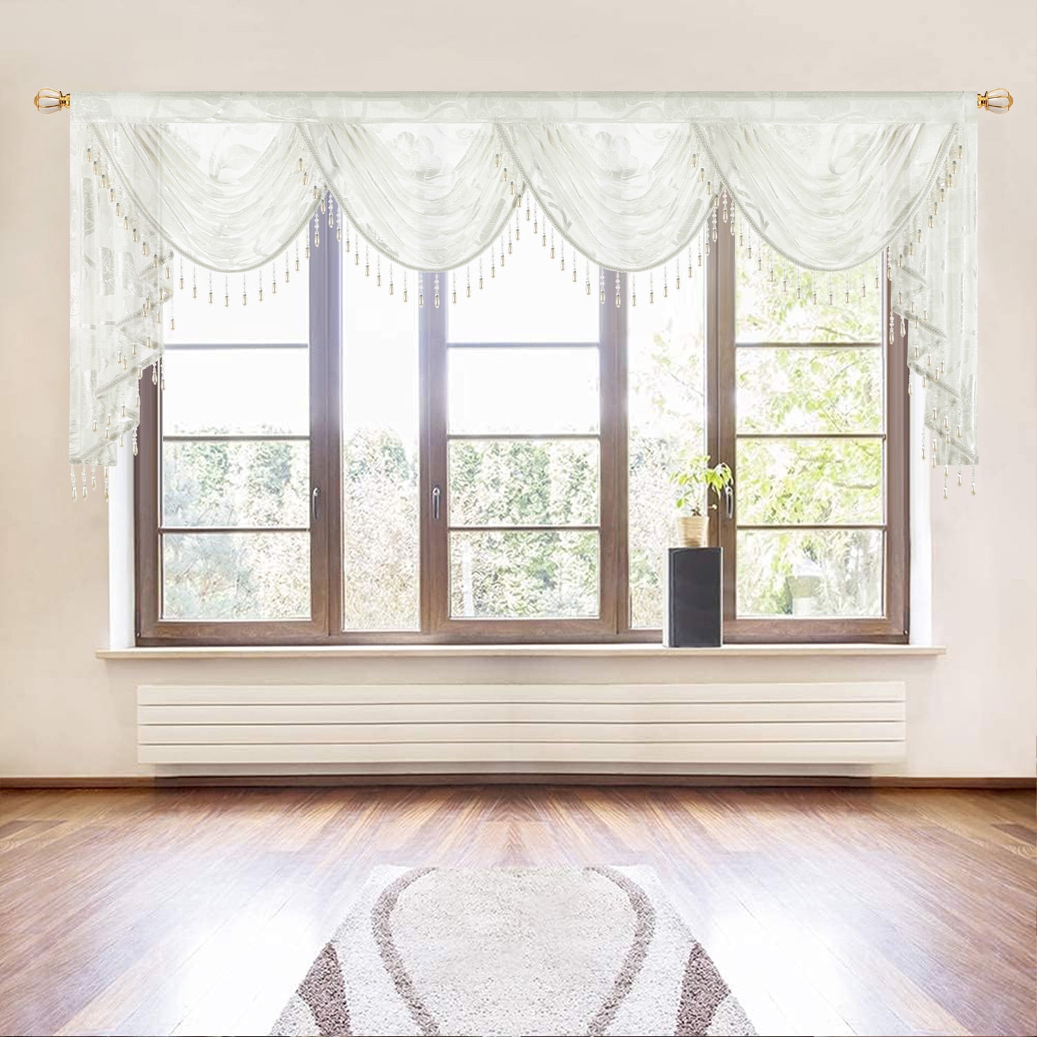 VOGOL White Floral Jacquard Waterfall Sheer Valance Curtain, Beaded Tassel Edge, 43x110 Inches, Elegant Home Drapery