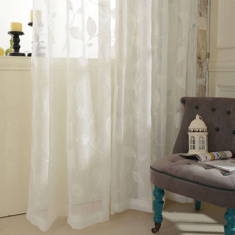 VOGOL White Leave Embroidered Sheer Curtains, Window Curtain Sheer Voile Panels for Living Room Bedroom, 52x84, Set of 2, Rod Pocket