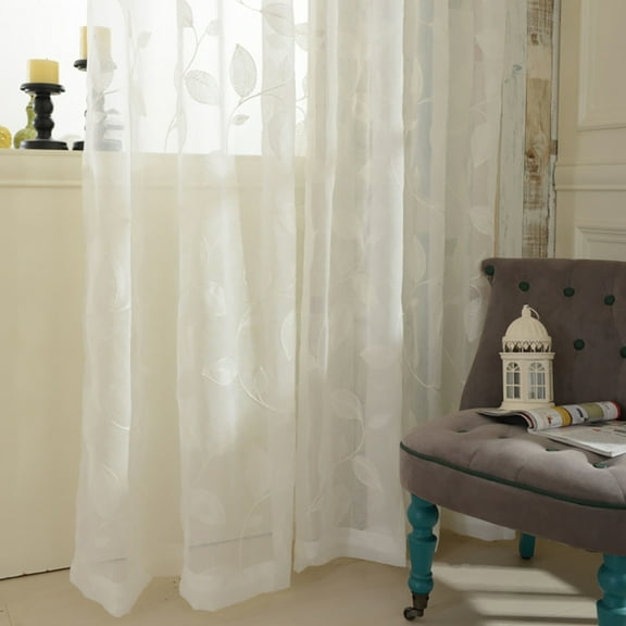 VOGOL White Leave Embroidered Sheer Curtains, Window Curtain Sheer Voile Panels for Living Room Bedroom, 52x84, Set of 2, Rod Pocket