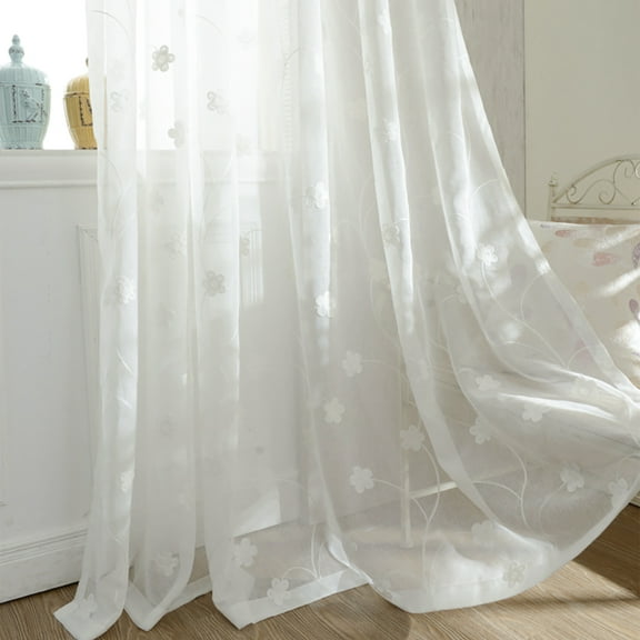 VOGOL White Rod Pocket Sheer Curtains 96 inches Long, Flower Embroidered Window Curtain Sheer Voile Panels for Living Room Bedroom, 52x63, Set of 2