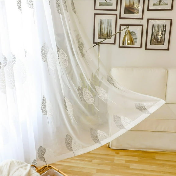 VOGOL White Sheer Curtains 63 inches Length, Leaves Embroidered Voile Sheer Panels for Living Room, Bedroom, 52x63, Set of 2, Rod Pocket