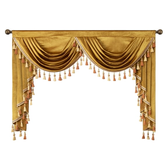 VOGOL Yellow Waterfall Valances for Farmhouse, Light Filtering Velvet Swag Valance with Tassels, Vintage Rod Pocket Drapes for Bedroom, 59 inches Wide