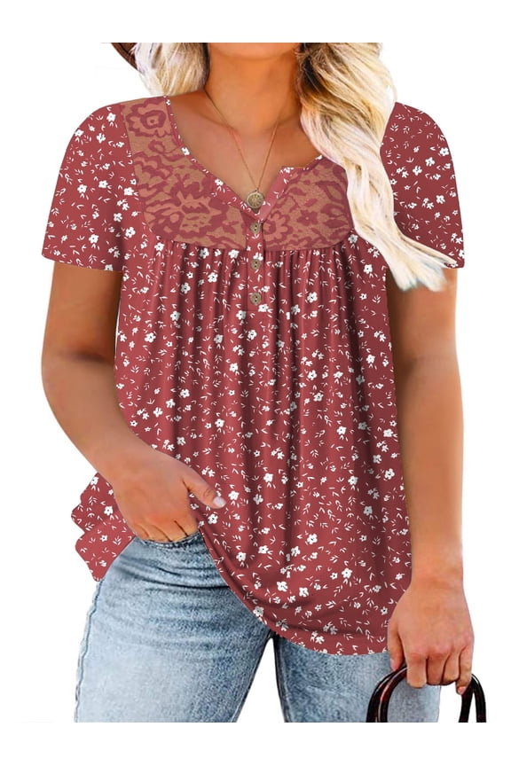 Plus Size Tops for Women Short Sleeve Tunics Buttons Lace Pleated Shirts Terracotta Ditsy Floral XL