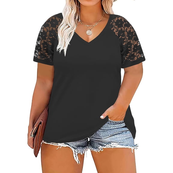 VOGRACE Plus Size Tops for Women V Neck Short Sleeve Summer Fashion Tees Black 3XL