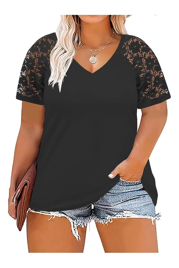 Plus Size Tops for Women V Neck Short Sleeve Summer Fashion Tees Black 3XL