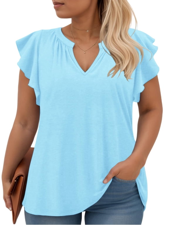 Plus Size Work Tops Ladies Loose Fit Floral Ruffle Short Sleeve Chic Notched V Neck Tshirts Blue 3XL