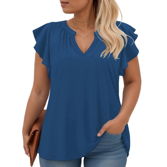 VOGRACE Womens Plus Size Dressy Tops Summer Notched V Neck Floral Flowy Ruffle Short Sleeve Tunics Navy Blue 2XL