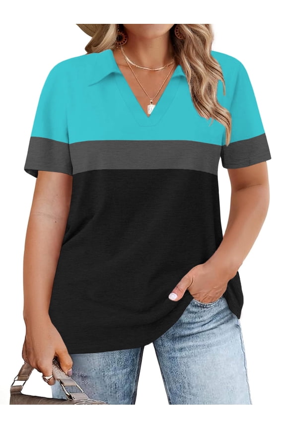 Womens Plus Size Summer Tops Loose Polo V Neck Tunics Casual Fashion 2026 Short Sleeve T Shirts Turquoise & Black Color Block XL