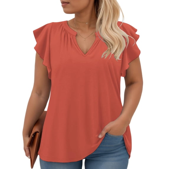 VOGRACE Womens Plus Size T Shirts Fashion Notched V Neck Flattering Ruffle Short Sleeve Floral Tops Orange Red 2XL