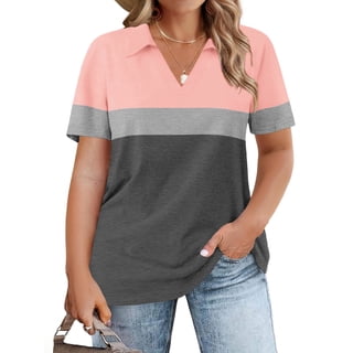 VOGRACE Womens Plus Size T Shirts Trendy Oversized Short Sleeve Tops Classic Lapel V Neck Tunics Pink & Grey Color Block 2XL