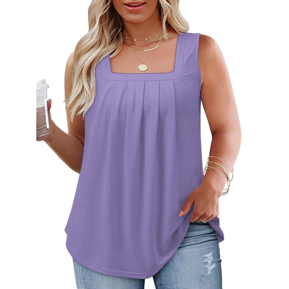 VOGRACE Womens Plus Size Tank Tops Summer Square Neck Pleated Flowy Floral Shirts Purple 3XL