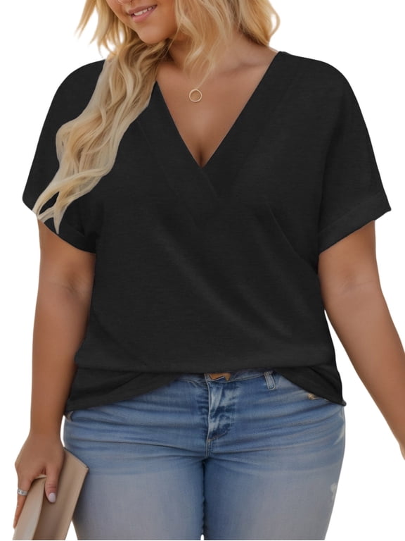 Womens Plus Size TopsCasual Short Sleeve Tunics Flowy V Neck T Shirts Summer Tee Black 2XL