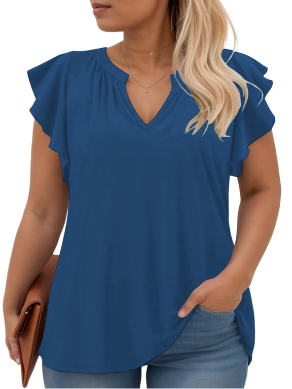 Womens Tops Plus Size Summer Ruffle Short Sleeve Shirts Loose Fit Notched V Neck Tunics Tees Navy Blue 4XL