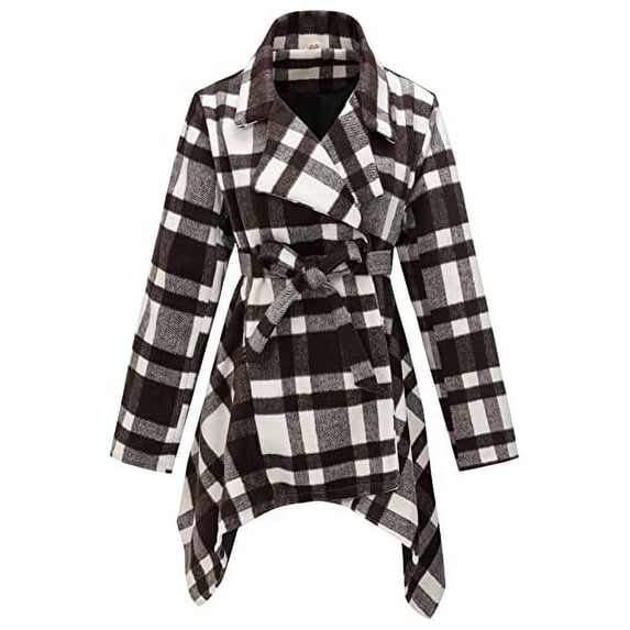 VOGRYE Women's Turn Down Collar Grid Coat Belted Wool Blend Coat Asymmetric Hem Wrap Coat