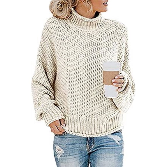 VOGRYE Womens Turtleneck Sweaters Batwing Long Sleeve Oversized Pullover Loose Chunky Knit Jumper