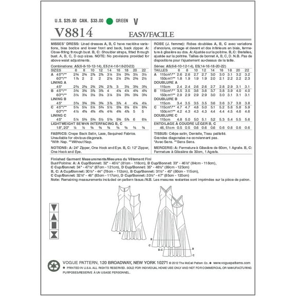 VOGUE PATTERNS V8814 Misses Dress, Size A5 (6-8-10-12-14)