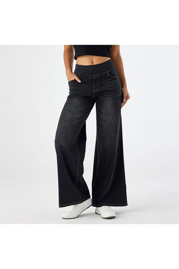 Pull On Wide Leg Jeans For Women, The New Large Size Denim Wide-legged Pants Female High-waisted Thin Multi-pocket Straight Loose Cat Whiskers Bayonet Casual Pants