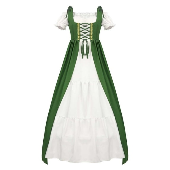 VOGUES Renaissance Dress Court-Style Vintage Long-Sleeve Waist-Cinched Dress With Strapless Batwing Sleeves And Full Skirt - Green Xl Festival Outfits For Women
