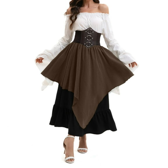 VOGUES Renaissance Dress Women Asymmetric Skirt Dress Top Waistband Set Brown M Festival Outfits For Women