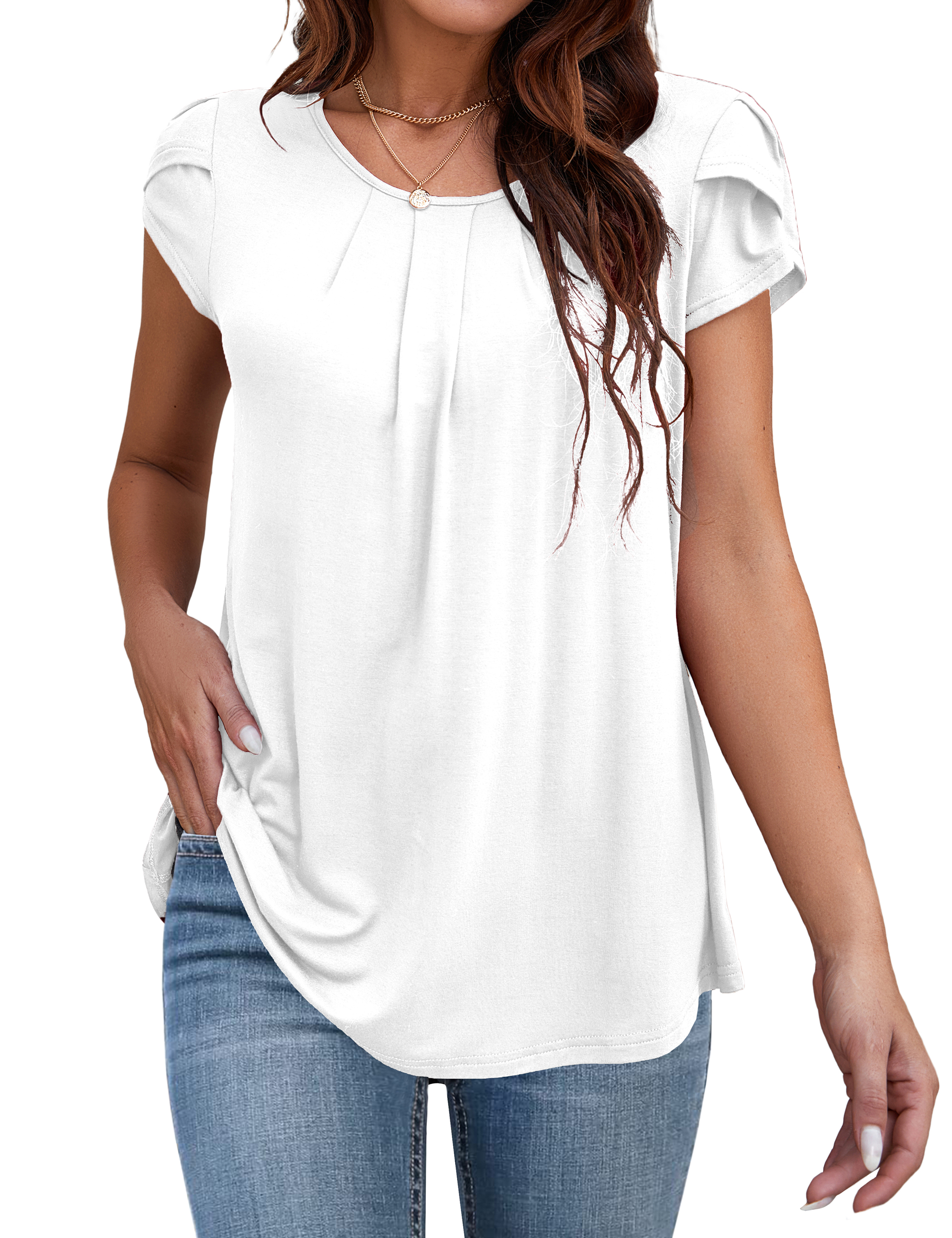 VOIANLIMO Plus Size Casual Summer White Tops for Women Petal Sleeve ...